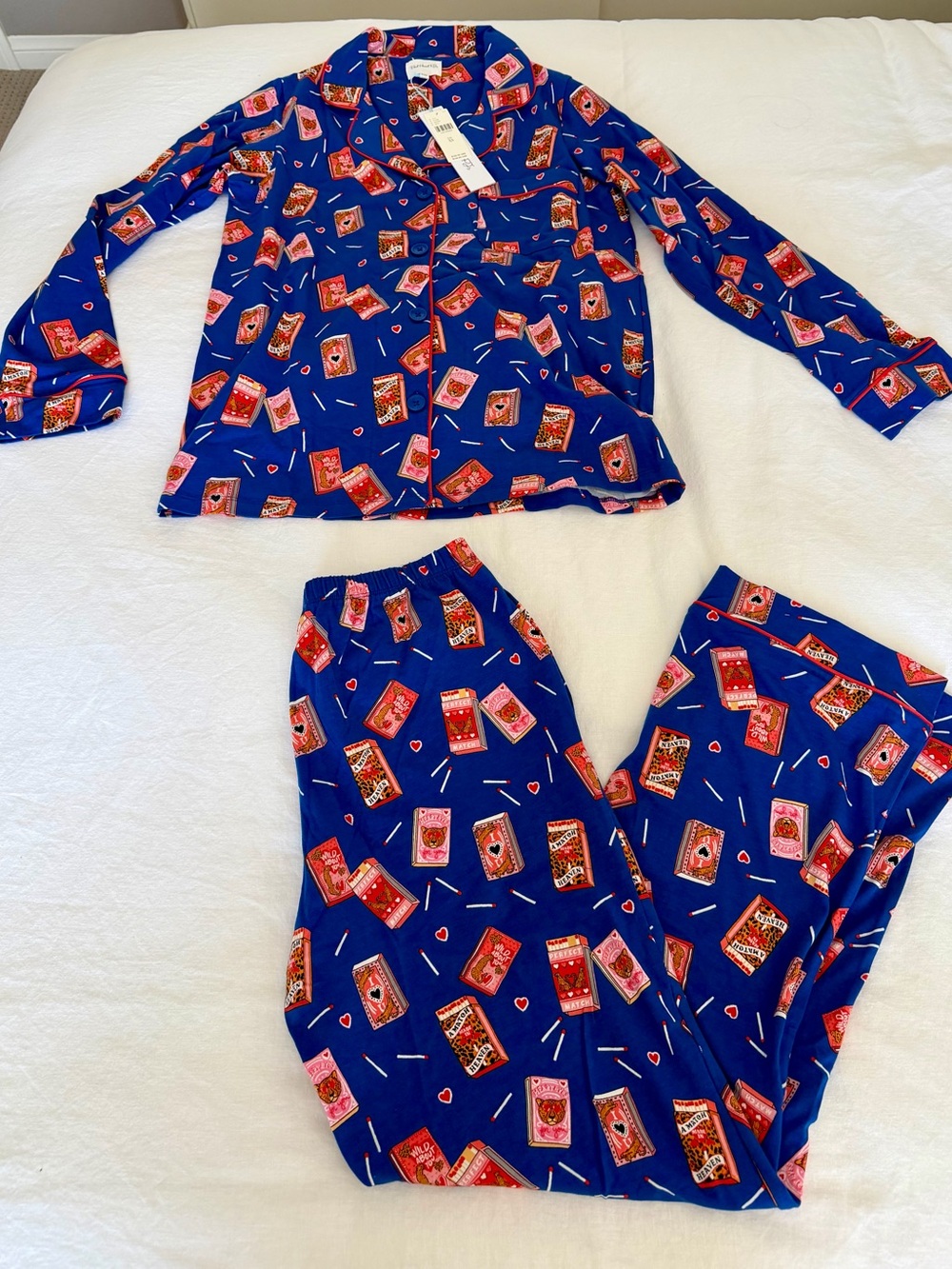 BedHead Bright Blue Pajama Set with Red & Pink Card Print